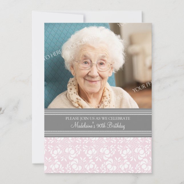 Gray Damask Photo 90th Birthday Party Invitations (Front)