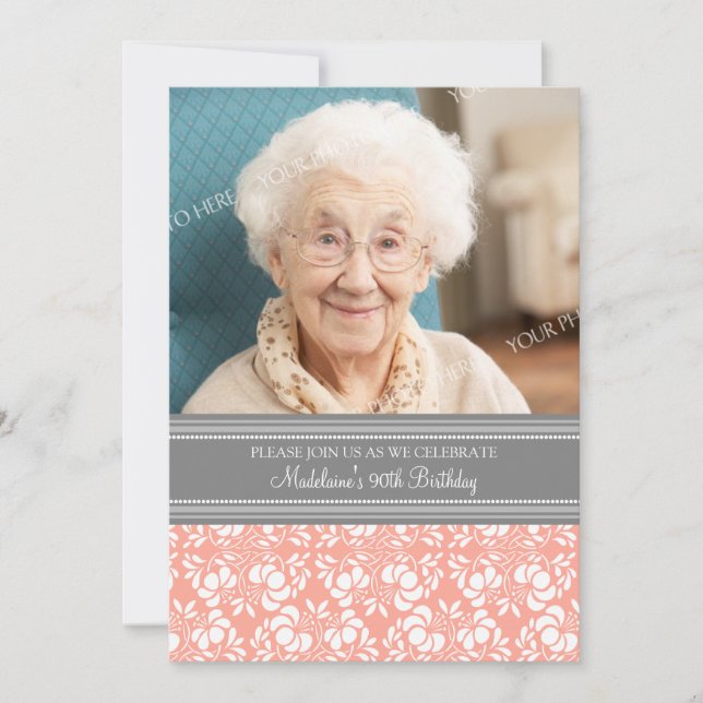 Gray Damask Photo 90th Birthday Party Invitations (Front)