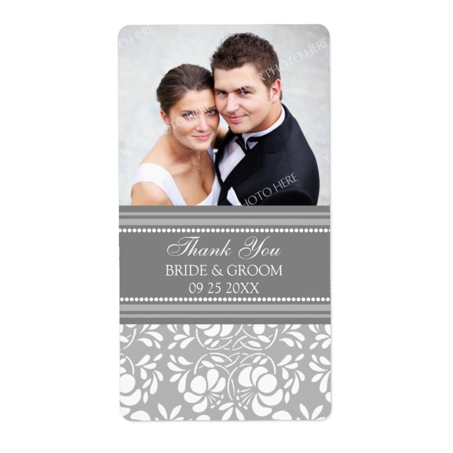 Gray Damask Photo Wedding Labels (Front)