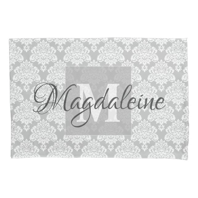 Gray Damask Pillow Case with Monogram & Name (Front)