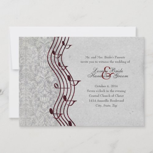Gray Damask  Red Music Elegant Wedding Invitation