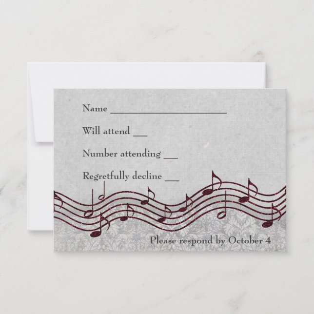 Gray Damask Red Music RSVP Card (Front)