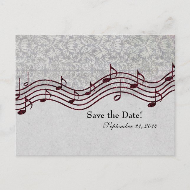 Gray Damask Red Music Save the Date Announcement Postcard (Front)