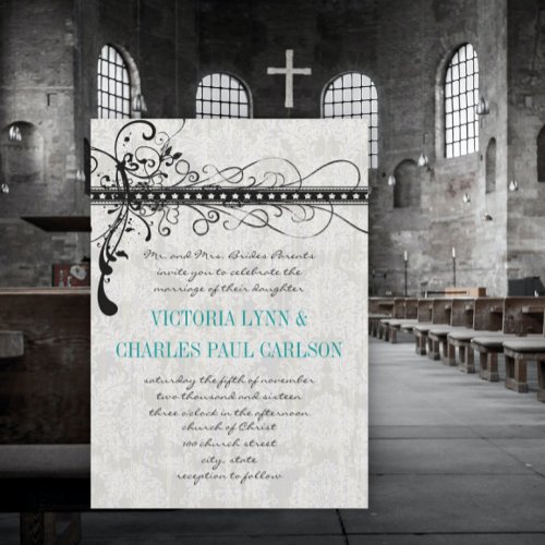 Gray Damask Renaissance Wedding Photo Invitation