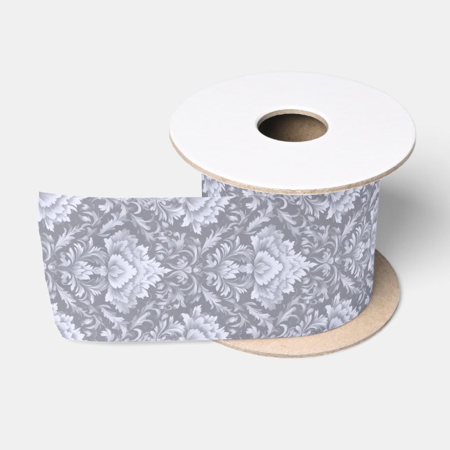 gray damask style pattern satin ribbon (Spool)