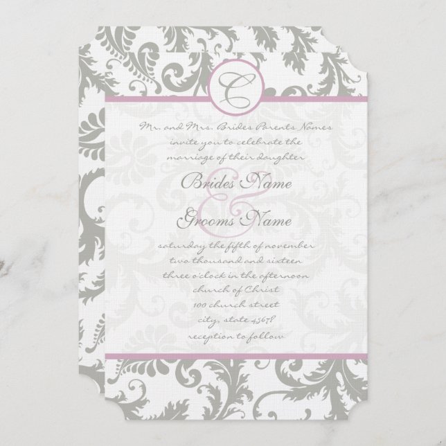Gray Damask Sweet Lilac Wedding Invitations (Front/Back)