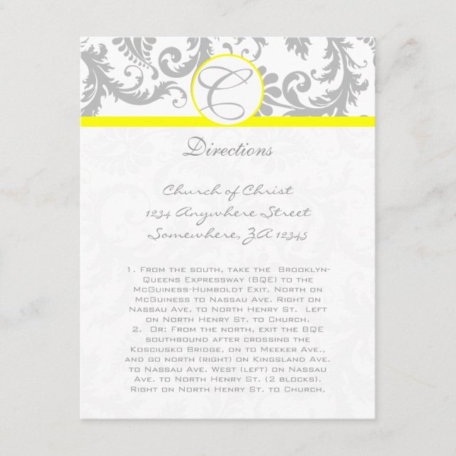 Gray Damask Swirl Yellow Wedding Direction Cards (Front)