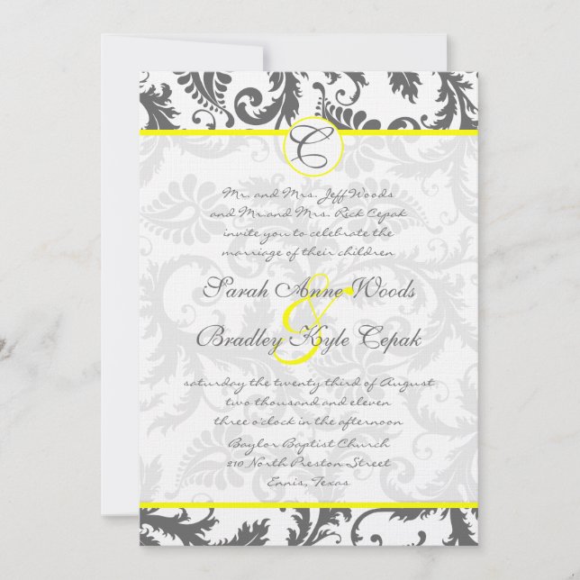 Gray Damask Swirls Bight Yellow Wedding Invitation (Front)