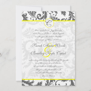 Gray Damask Swirls Bight Yellow Wedding Invitation