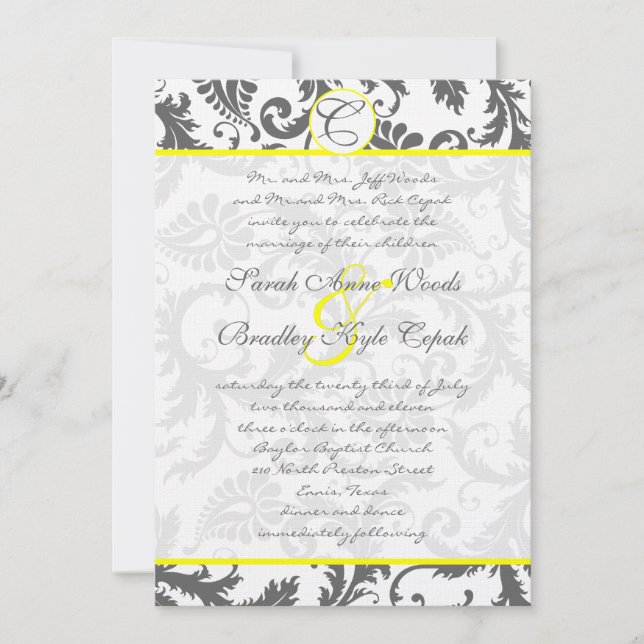 Gray Damask Swirls Bight Yellow Wedding Invitation (Front)