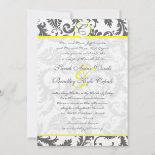 Gray Damask Swirls Bight Yellow Wedding Invitation