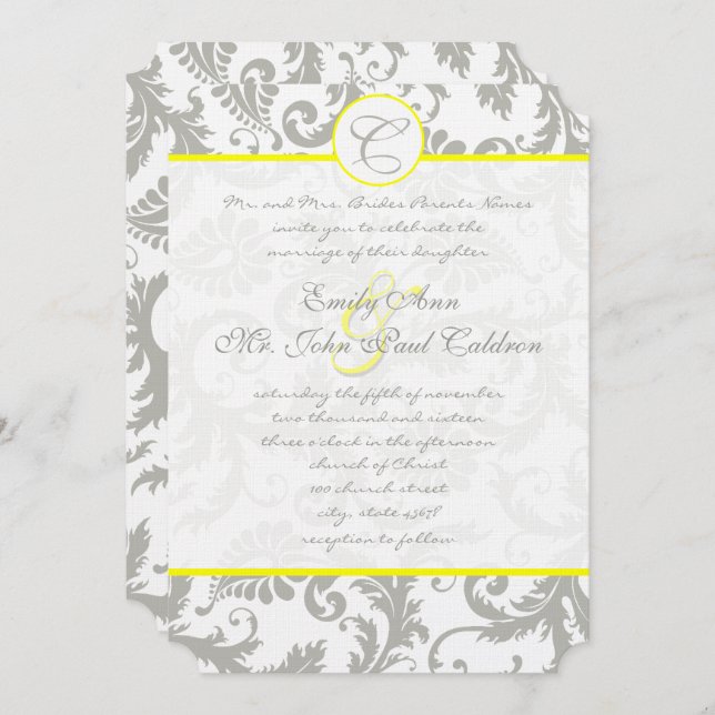 Gray Damask Swirls Bight Yellow Wedding Invitation (Front/Back)