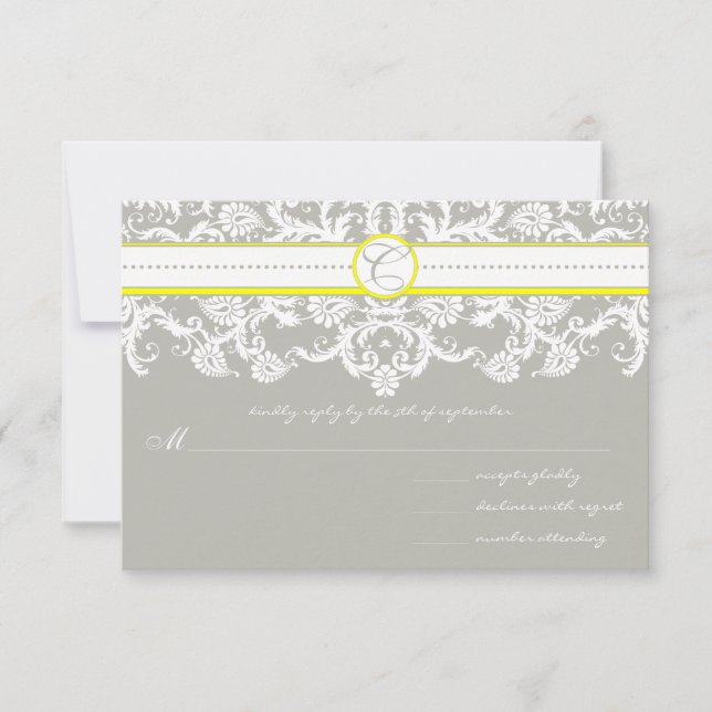 Gray Damask Swirls Bright Yellow Wedding RSVP (Front)