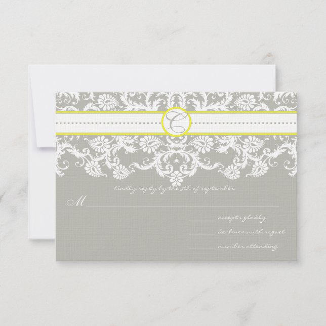 Gray Damask Swirls Bright Yellow Wedding RSVP Card (Front)