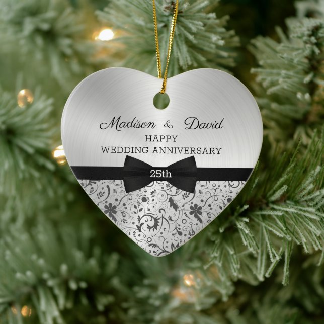 Gray Damask Wedding Anniversary Ceramic Ornament (Tree)