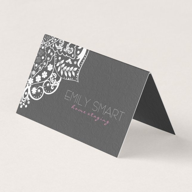 Gray Damask White Mandala Business Card (Front)