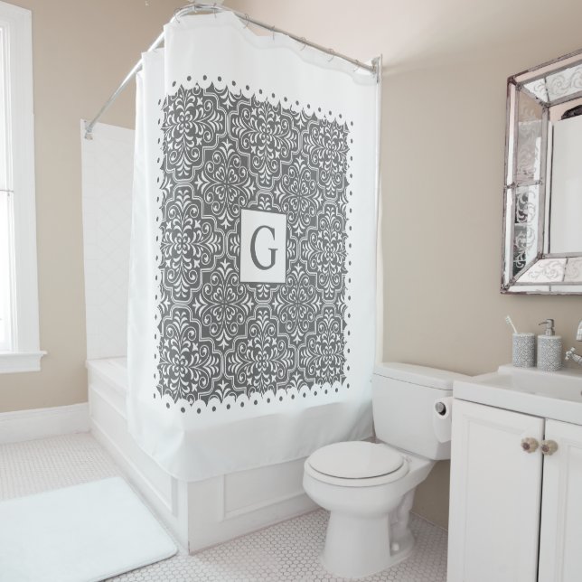 Gray damask, white scalloped borders and monogram shower curtain (In Situ)