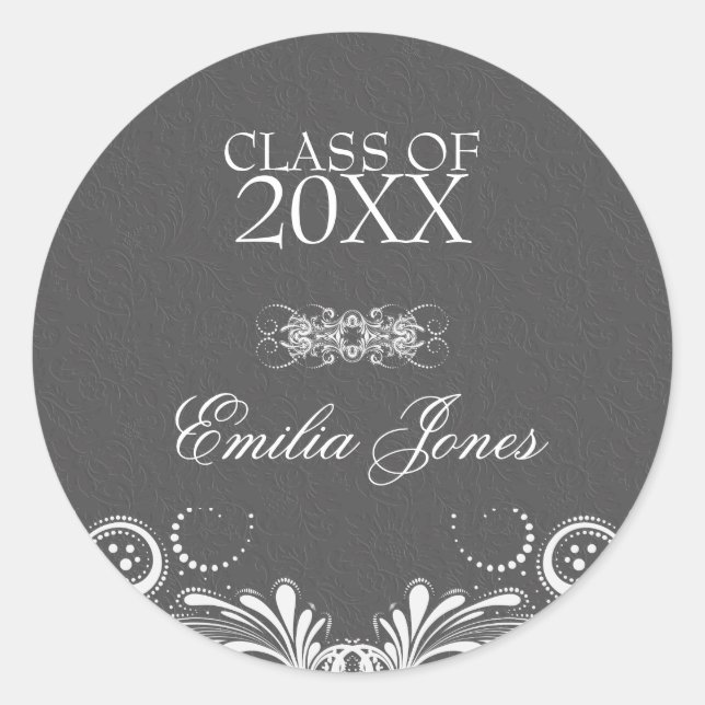 Gray Damask White Swirls- Graduations Classic Round Sticker (Front)