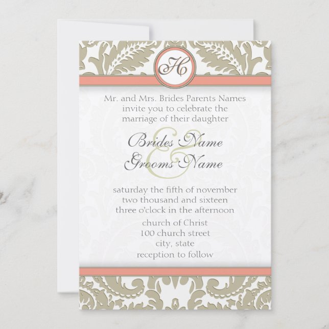 Gray Damask with Coral & Gray Wedding Invitations (Front)