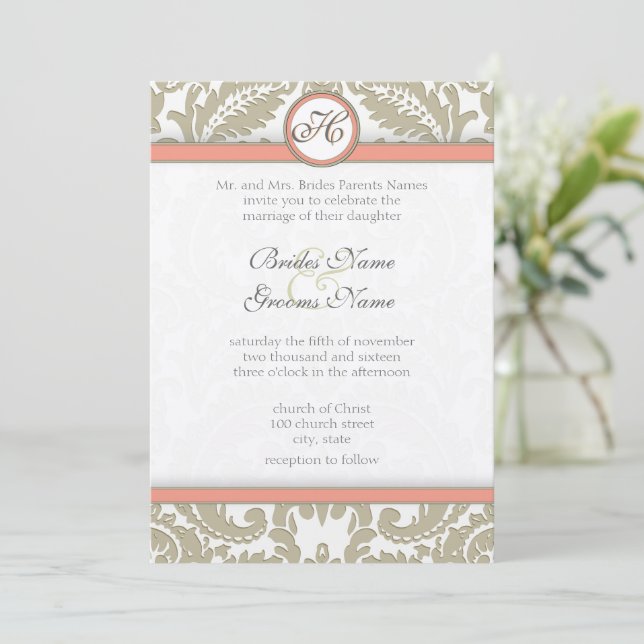 Gray Damask with Coral & Gray Wedding Invitations (Standing Front)