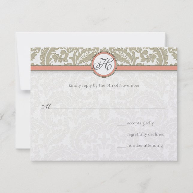 Gray Damask with Coral & Gray Wedding RSVP (Front)