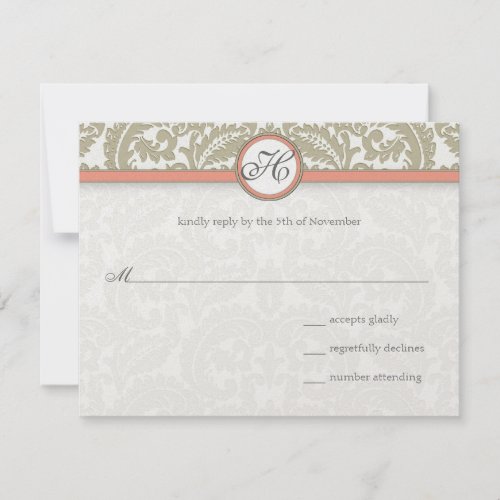 Gray Damask with Coral  Gray Wedding RSVP