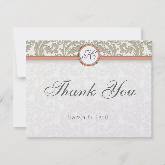 Gray Damask with Coral & Gray Wedding Thank You (Front)
