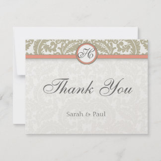 Gray Damask with Coral & Gray Wedding Thank You Card