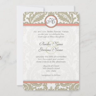 Gray Damask with Coral & Greige Wedding Invitation