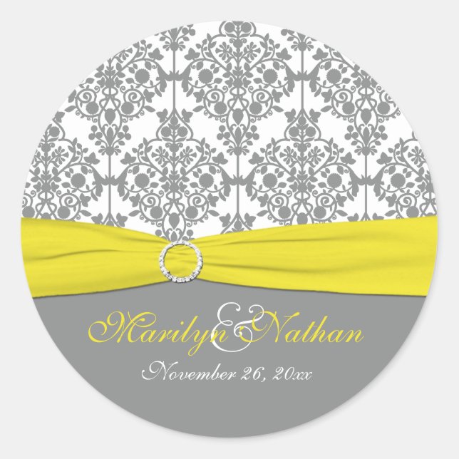 Gray Damask with Yellow 1.5" Round Sticker (Front)