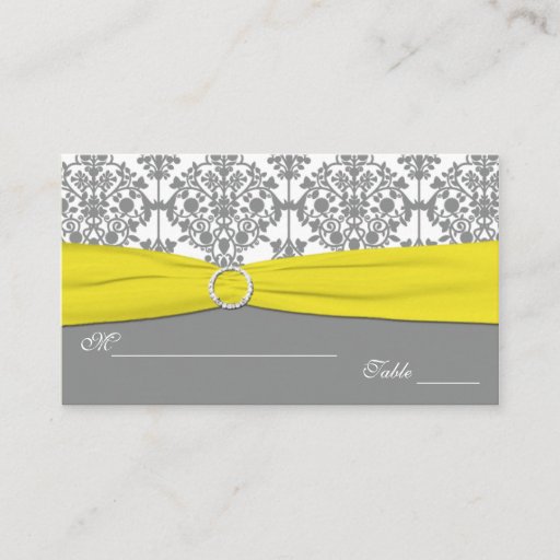 Customizable Gray Damask with Yellow Damask Placecards Business Card Template