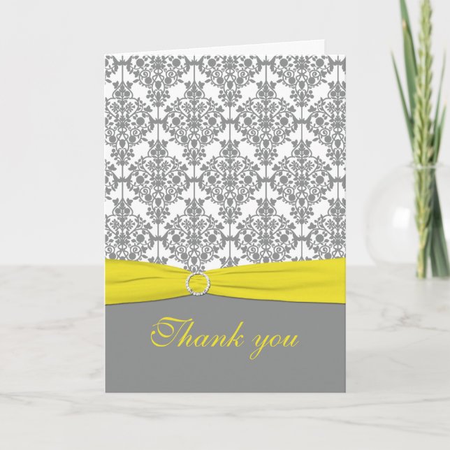 Gray Damask with Yellow Thank You Card (Front)