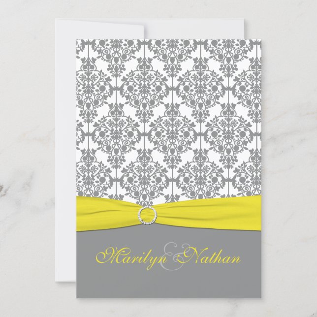 Gray Damask with Yellow Wedding Invitation (Front)