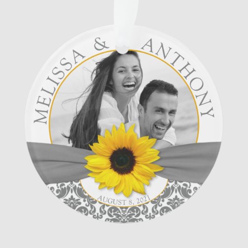 Gray Damask Yellow Sunflower Wedding Save Date Ornament