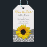 Gray Damask Yellow Sunflower Wedding Save the Date Gift Tags<br><div class="desc">Vintage gray damask floral and yellow sunflower wedding save the date gift tags. Beautiful wedding save the date gift tag design that features a yellow sunflower, simulated pewter gray ribbon and vintage damask pattern. Perfect for a summer or fall / autumn wedding. Yellow and gray (grey) wedding color theme. There...</div>