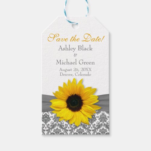 Gray Damask Yellow Sunflower Wedding Save the Date Gift Tags