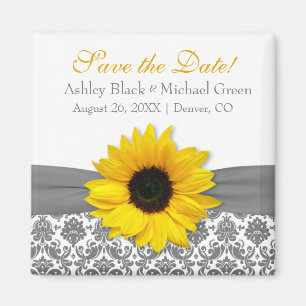 Gray Damask Yellow Sunflower Wedding Save the Date Magnet