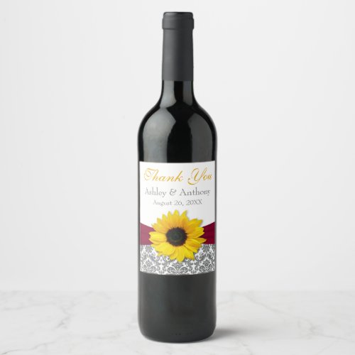Gray Damask Yellow Sunflower Wedding Thank You Win Wine Label