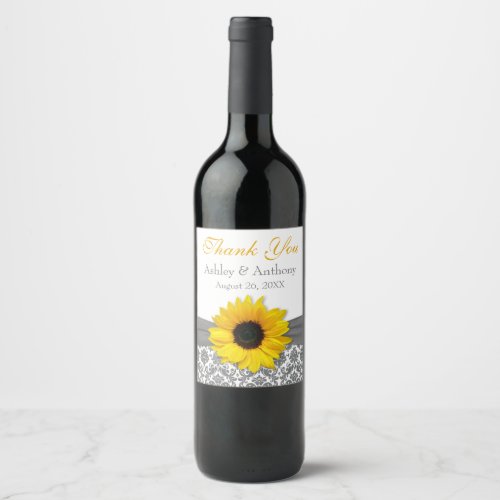 Gray Damask Yellow Sunflower Wedding Thank You Wine Label