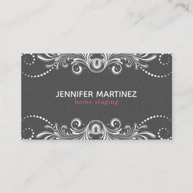 Gray Damasks And White Vintage Lace Business Card (Front)