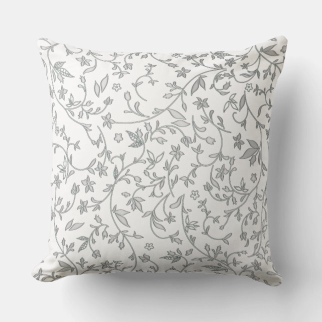 Gray Damasks On White Throw Pillow (Front)