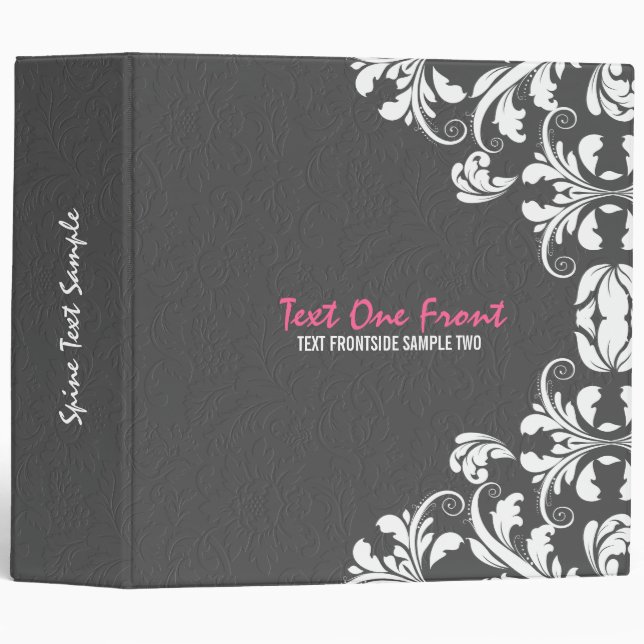 Gray Damasks White Floral Lace 3 Ring Binder (Front/Spine)