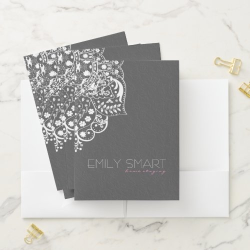 Gray Damasks White Lace Pocket Folder