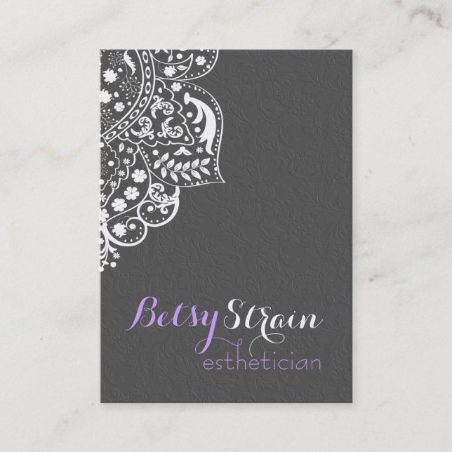 Gray Damasks With White Floral Lace Reversible Business Card (Front)