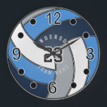 Gray, Dark Blue and Blue Volleyball Style Large Clock<br><div class="desc">Volleyball Style Wall Clock ready for you to personalize. ✔Note: Not all template areas need changed. 📌If you need further customization, please click the "Click to Customize further" or "Customize or Edit Design"button and use our design tool to resize, rotate, change text color, add text and so much more.⭐This Product...</div>