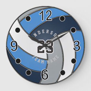 Gray, Dark Blue and Blue Volleyball Style Large Clock
