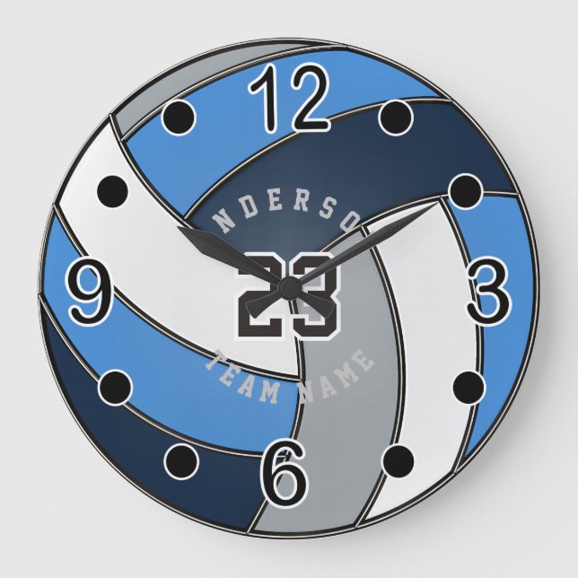 Gray, Dark Blue and Blue Volleyball Style Large Clock (Front)