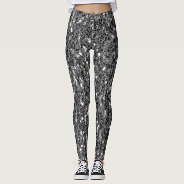 Gray dark silver sparkles faux glitter leggings (Front)