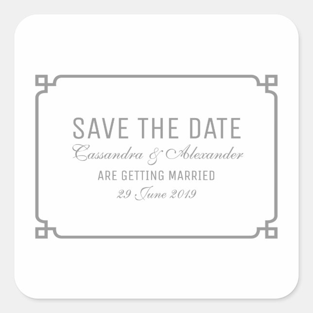 Gray Deco Chic Save the Date Square Sticker (Front)