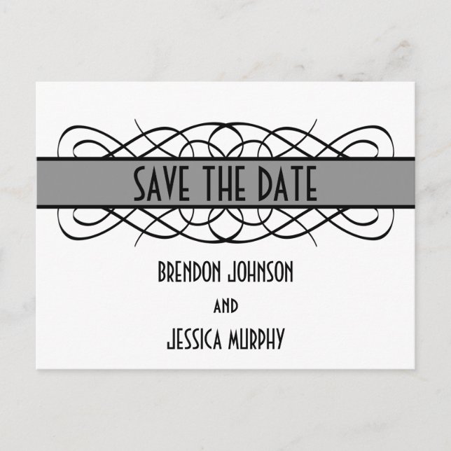 Gray Deco Flourish Save the Date Postcard (Front)